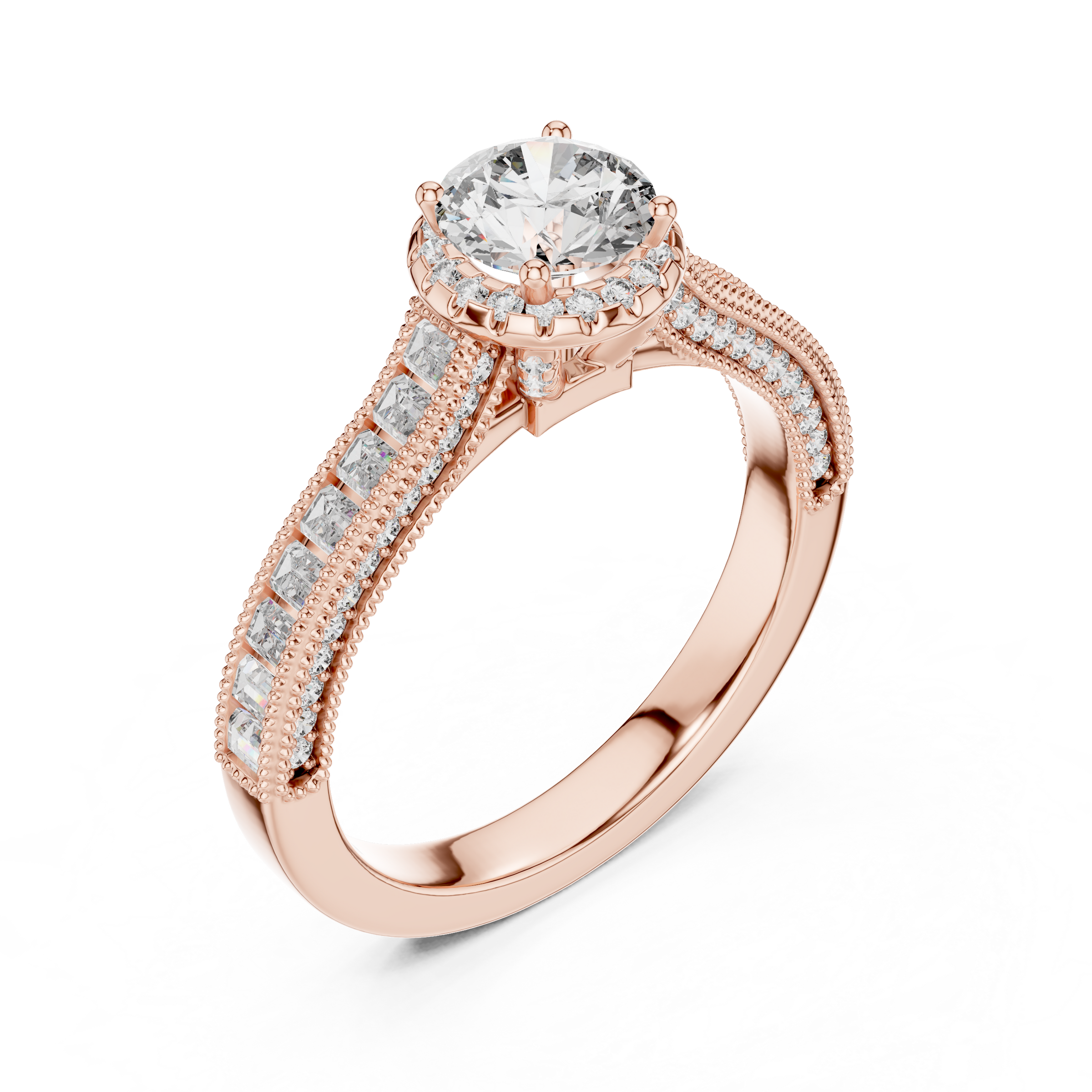 1–3 Carat Round Cut Lab-Grown Diamond Solitaire Engagement Ring with Channel Setting Baguette Side Diamonds in 18K Gold