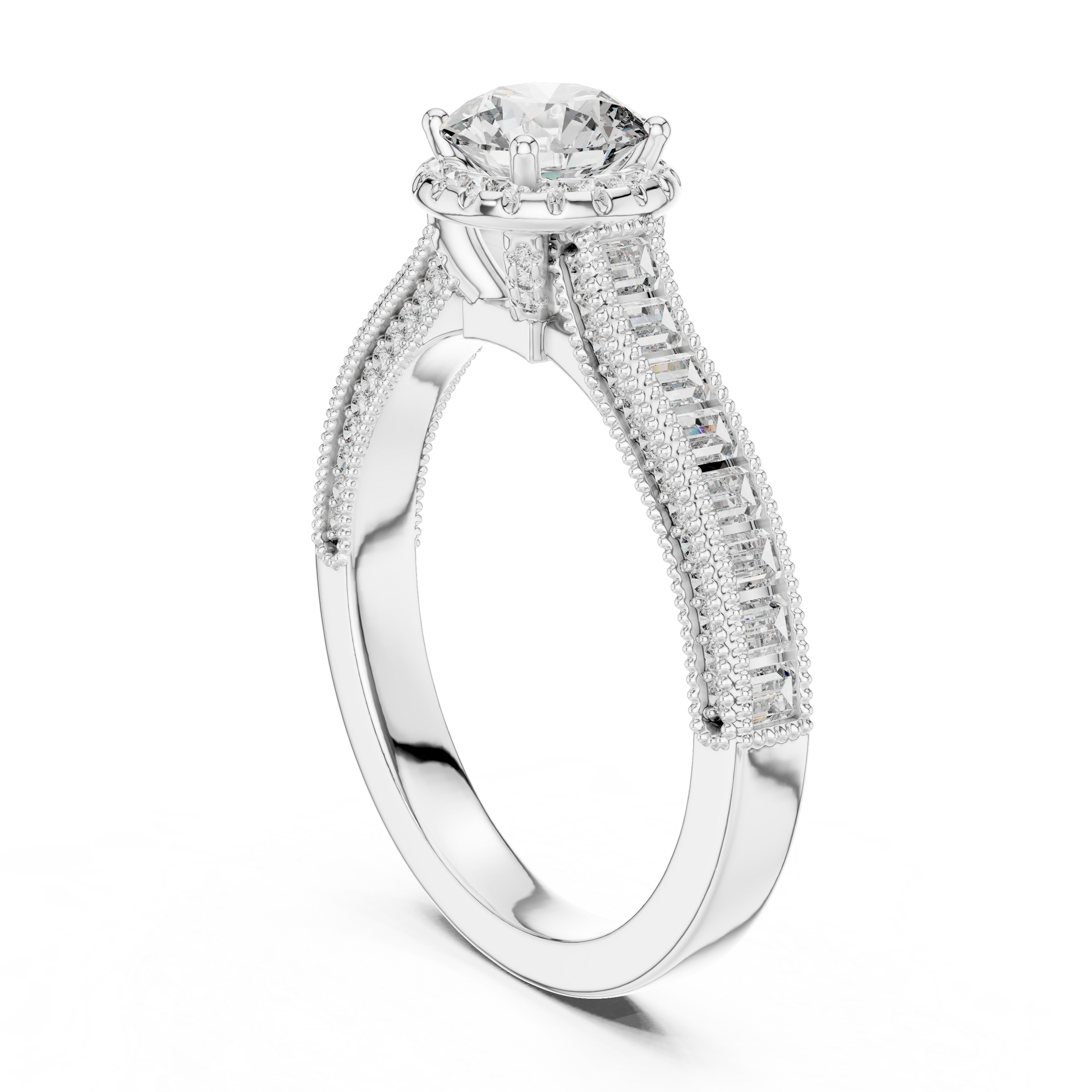 1–3 Carat Round Cut Lab-Grown Diamond Solitaire Engagement Ring with Channel Setting Baguette Side Diamonds in 18K Gold