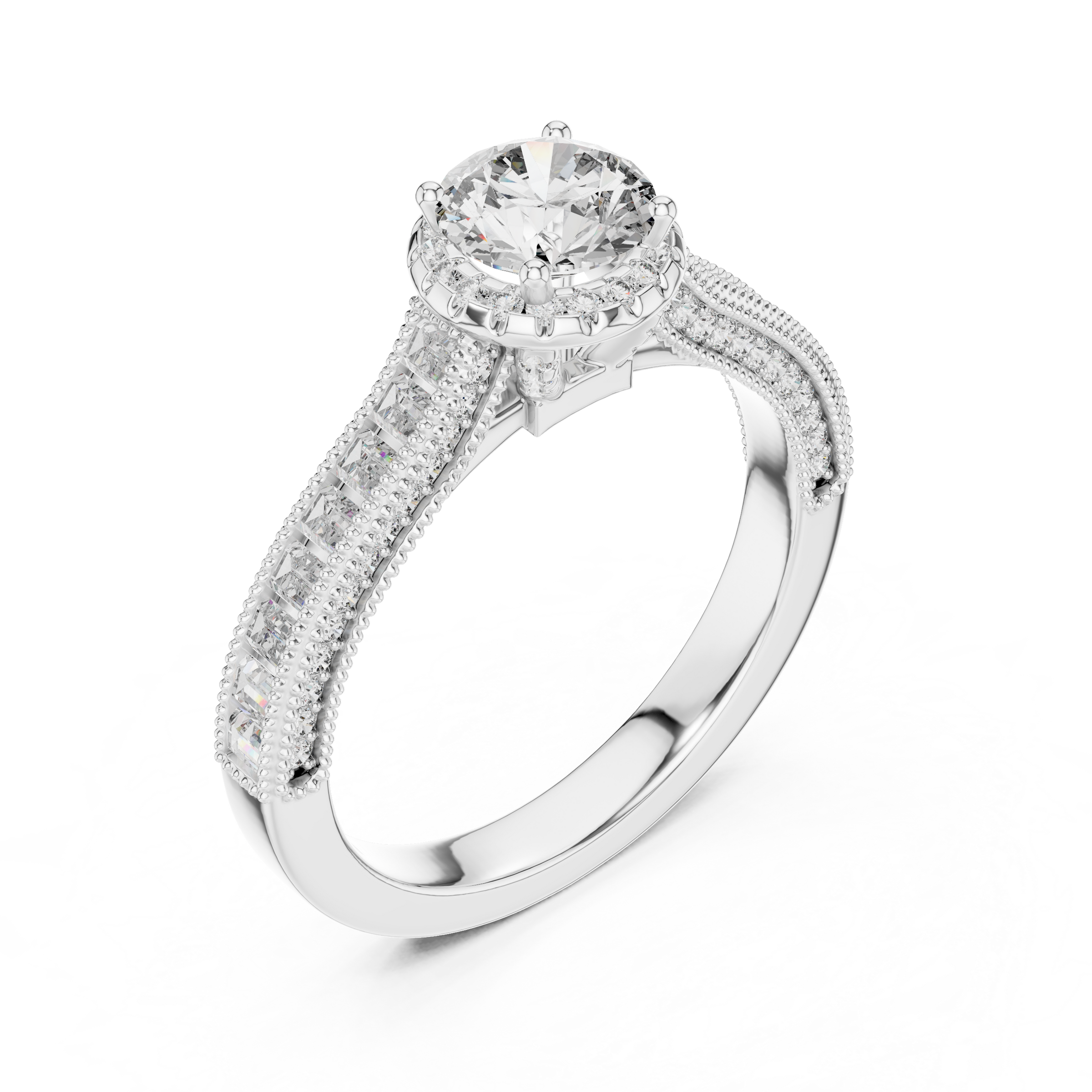 1–3 Carat Round Cut Lab-Grown Diamond Solitaire Engagement Ring with Channel Setting Baguette Side Diamonds in 18K Gold