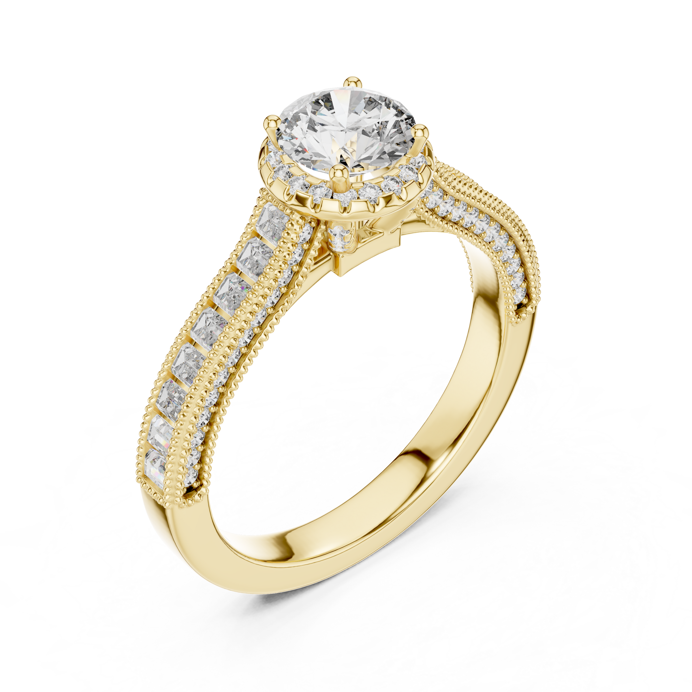 1–3 Carat Round Cut Lab-Grown Diamond Solitaire Engagement Ring with Channel Setting Baguette Side Diamonds in 18K Gold