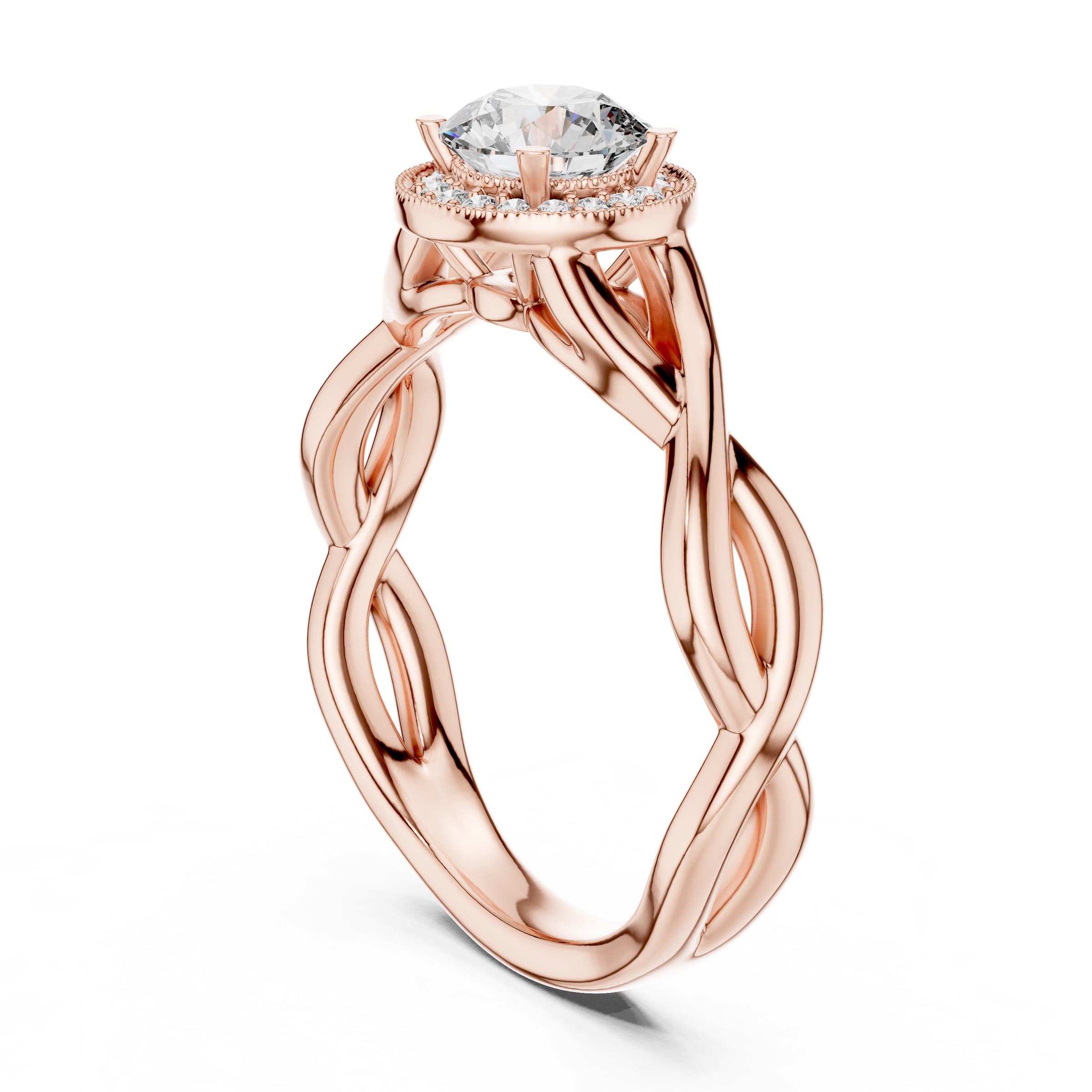 1–3 Carat Round Cut Lab-Grown Diamond Solitaire Engagement Ring with Halo Diamonds and Twisted Band in 18K Gold