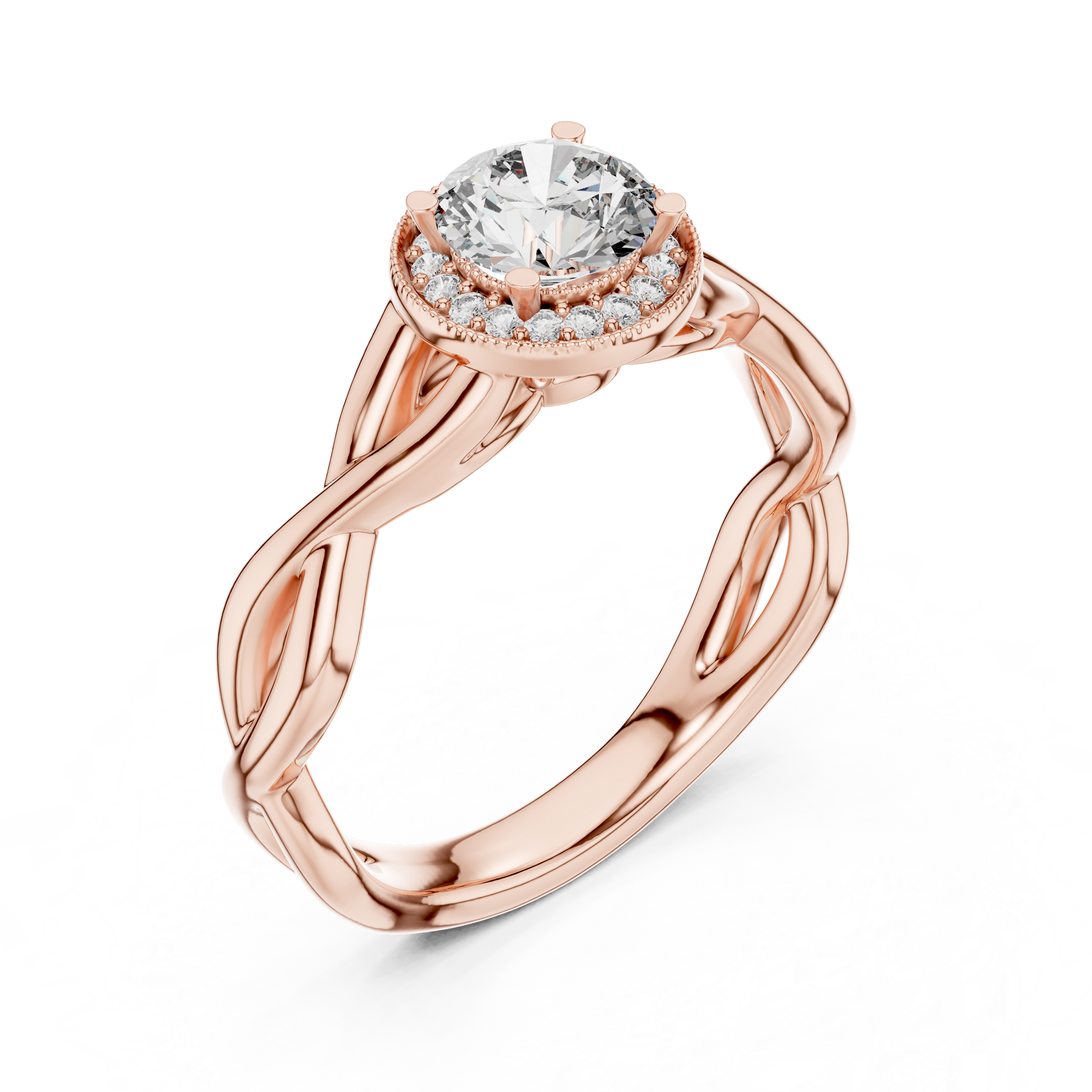 1–3 Carat Round Cut Lab-Grown Diamond Solitaire Engagement Ring with Halo Diamonds and Twisted Band in 18K Gold