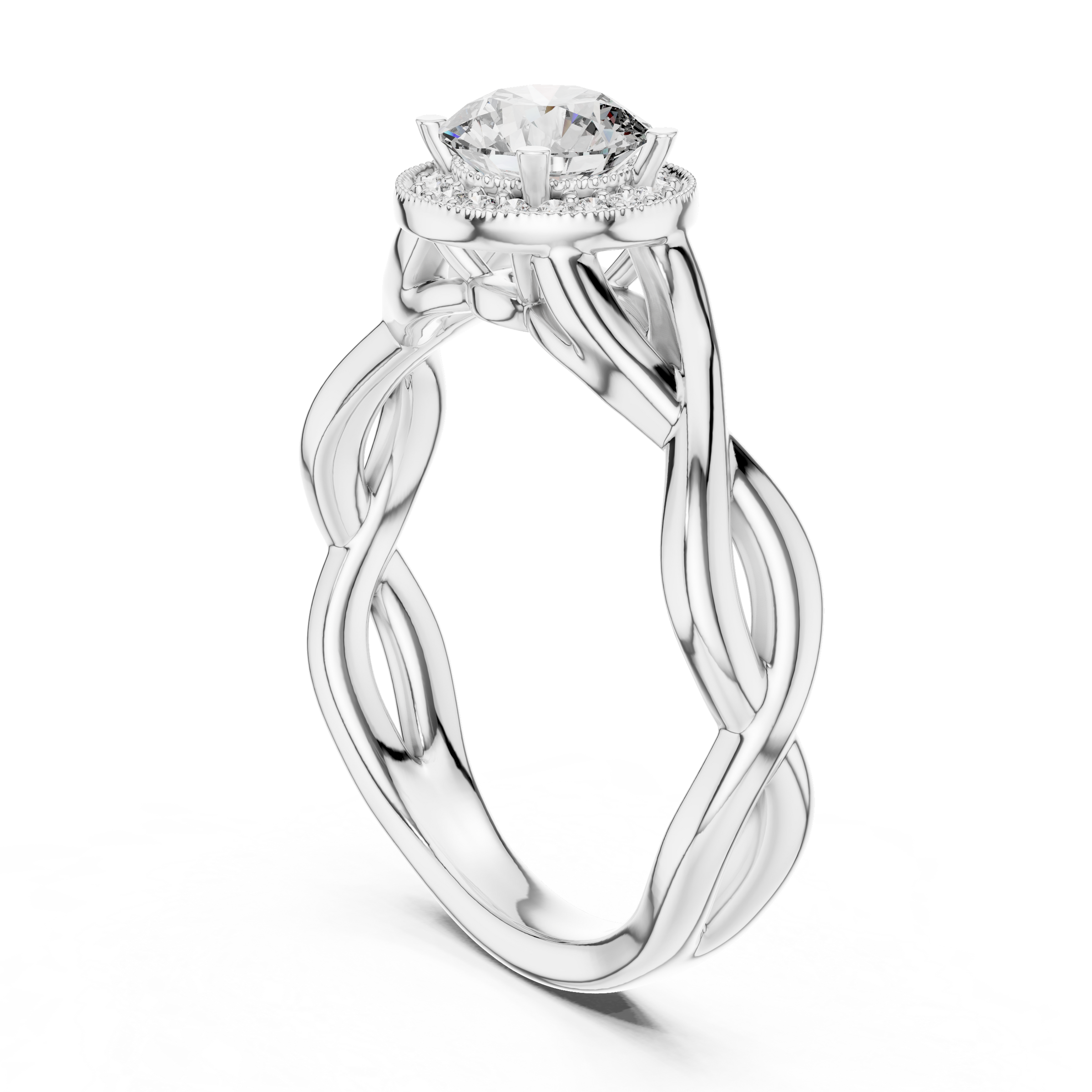 1–3 Carat Round Cut Lab-Grown Diamond Solitaire Engagement Ring with Halo Diamonds and Twisted Band in 18K Gold
