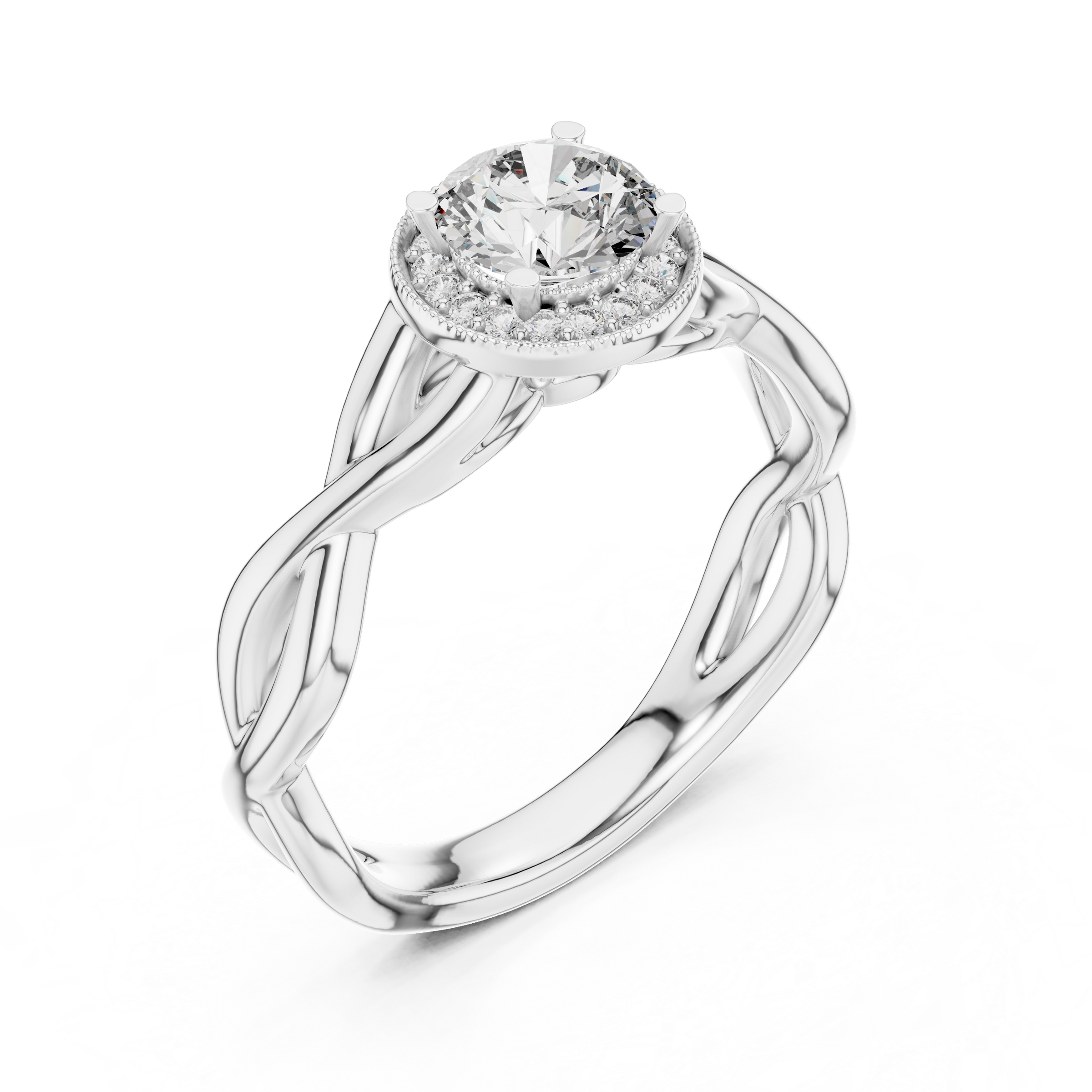 1–3 Carat Round Cut Lab-Grown Diamond Solitaire Engagement Ring with Halo Diamonds and Twisted Band in 18K Gold