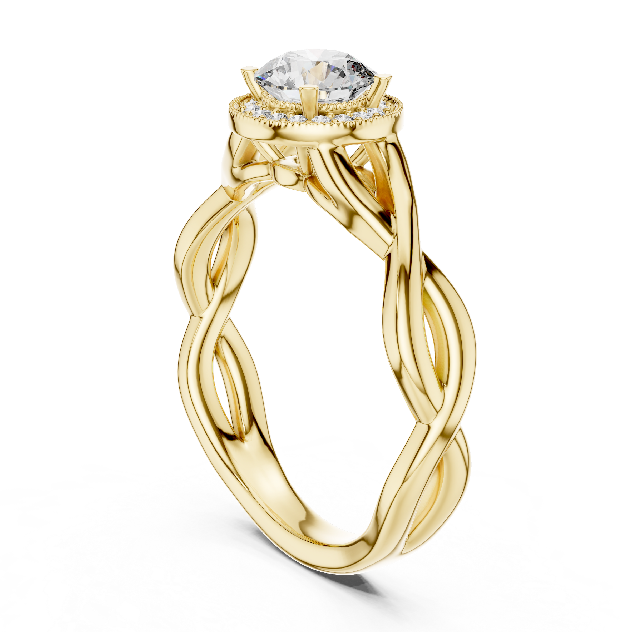 1–3 Carat Round Cut Lab-Grown Diamond Solitaire Engagement Ring with Halo Diamonds and Twisted Band in 18K Gold