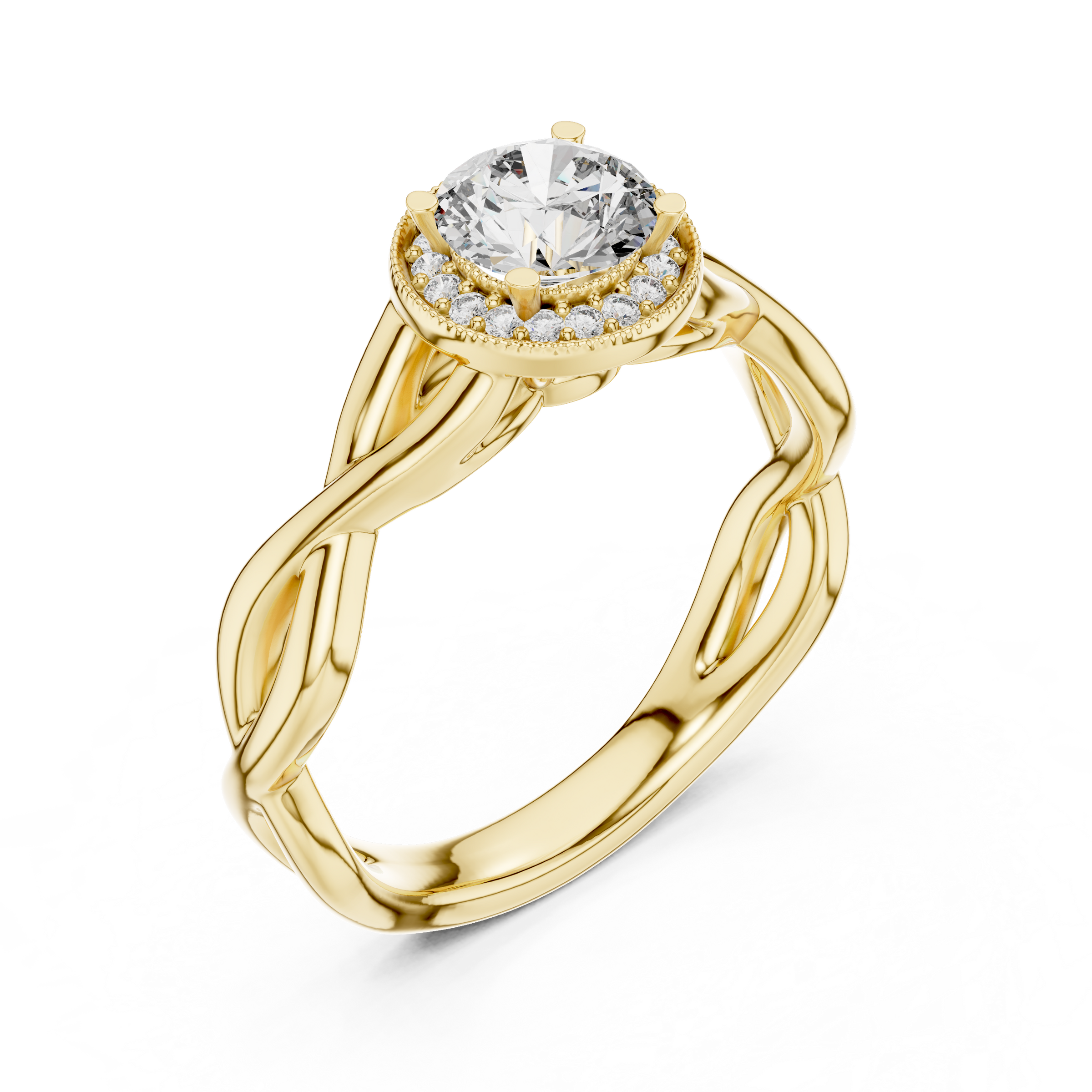 1–3 Carat Round Cut Lab-Grown Diamond Solitaire Engagement Ring with Halo Diamonds and Twisted Band in 18K Gold