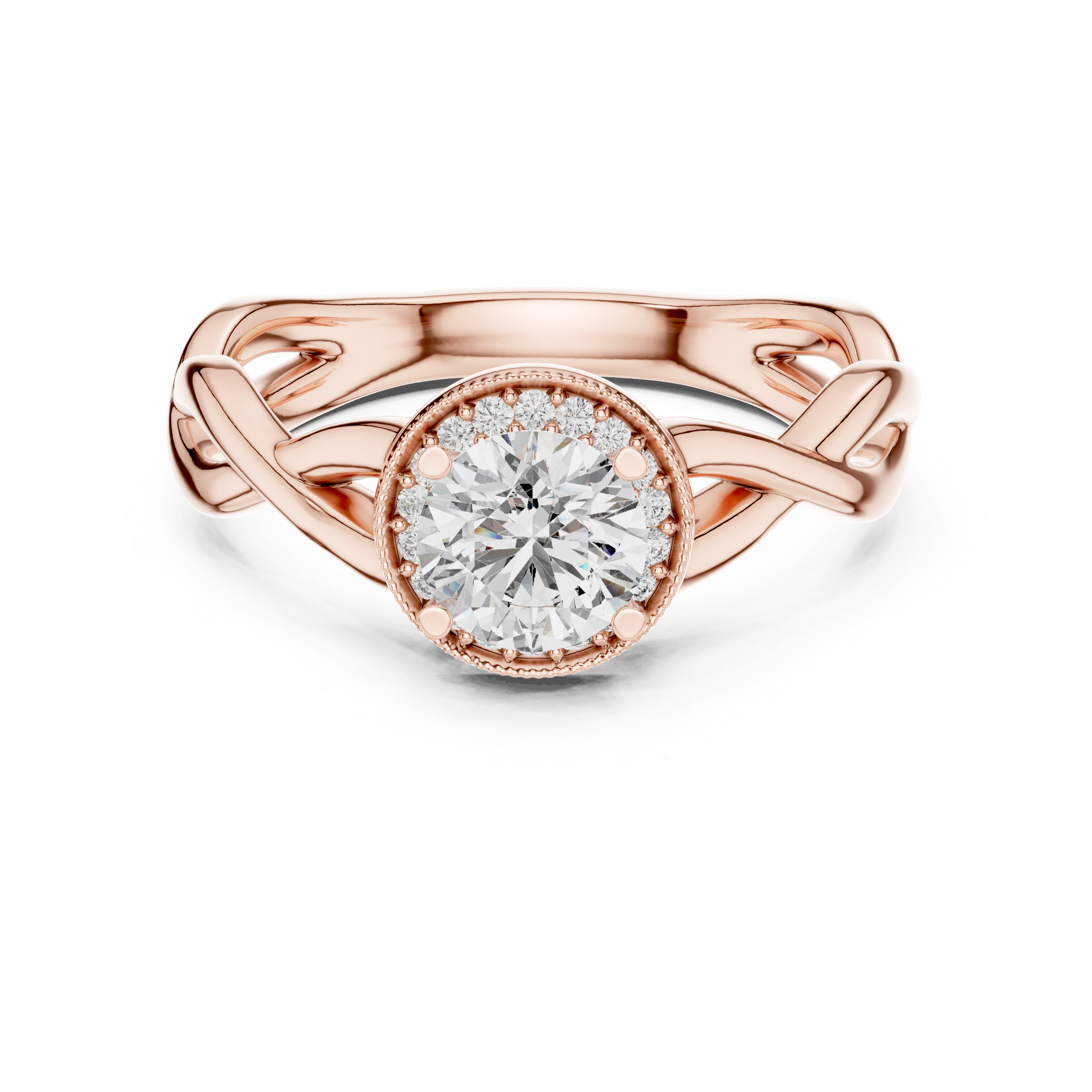 1–3 Carat Round Cut Lab-Grown Diamond Solitaire Engagement Ring with Halo Diamonds and Twisted Band in 18K Gold