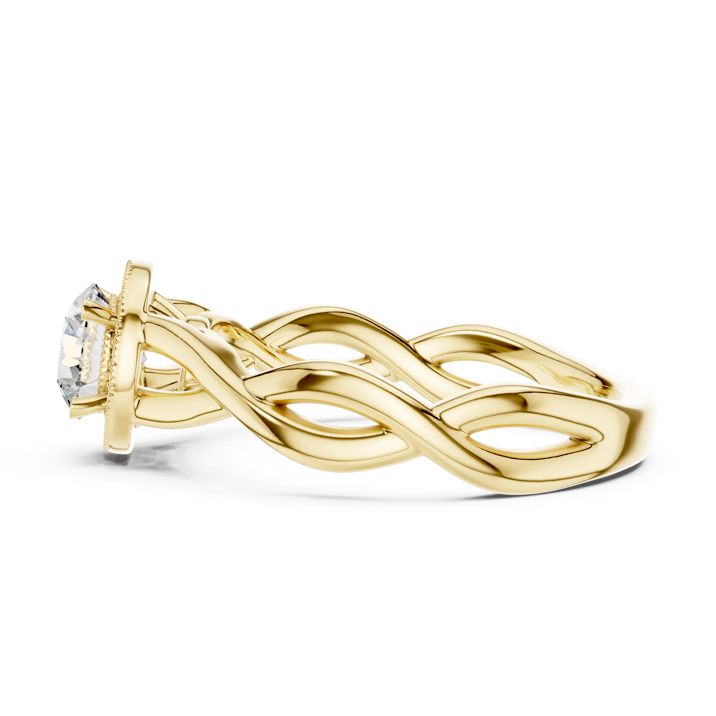 1–3 Carat Round Cut Lab-Grown Diamond Solitaire Engagement Ring with Halo Diamonds and Twisted Band in 18K Gold