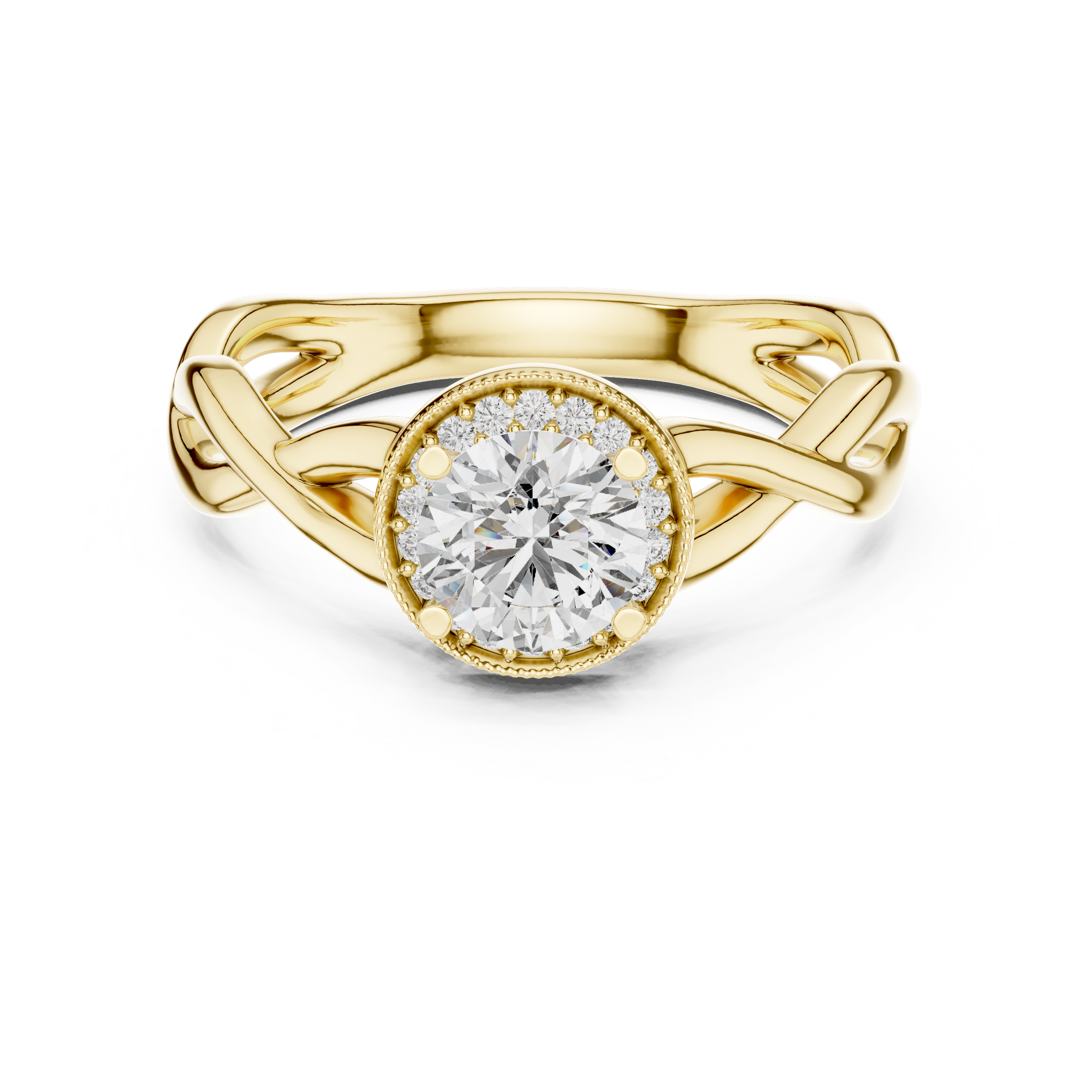 1–3 Carat Round Cut Lab-Grown Diamond Solitaire Engagement Ring with Halo Diamonds and Twisted Band in 18K Gold
