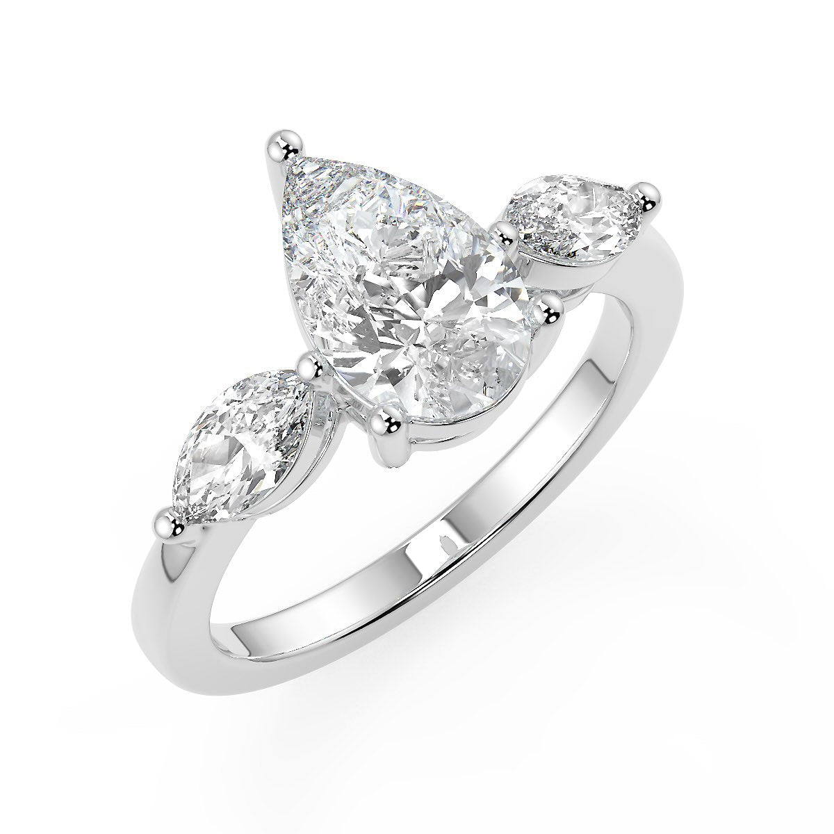 3 Stone Pear Cut Lab Grown Solitaire Diamond Ring in 18K Gold | Trilogy Engagement Ring
