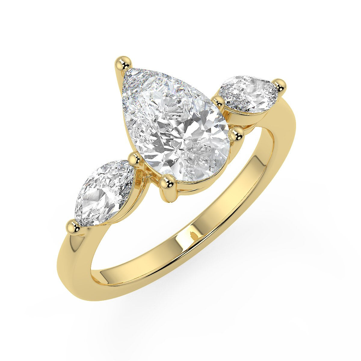 3 Stone Pear Cut Lab Grown Solitaire Diamond Ring in 18K Gold | Trilogy Engagement Ring