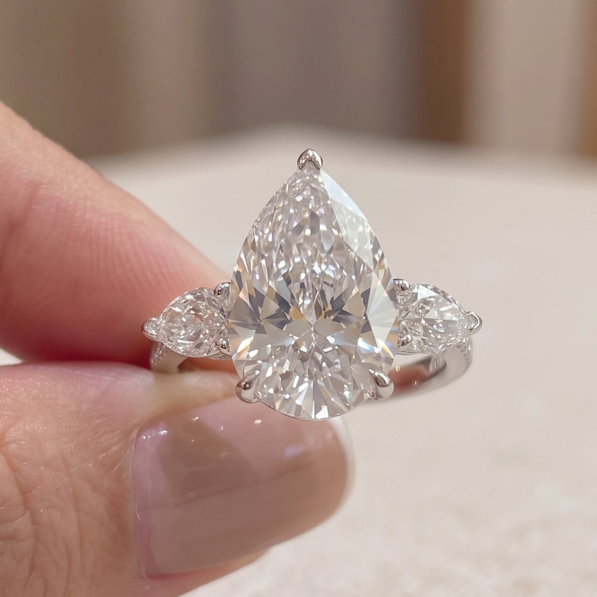 7 Carat Pear Lab-Grown Diamond Trilogy Ring – Mira
