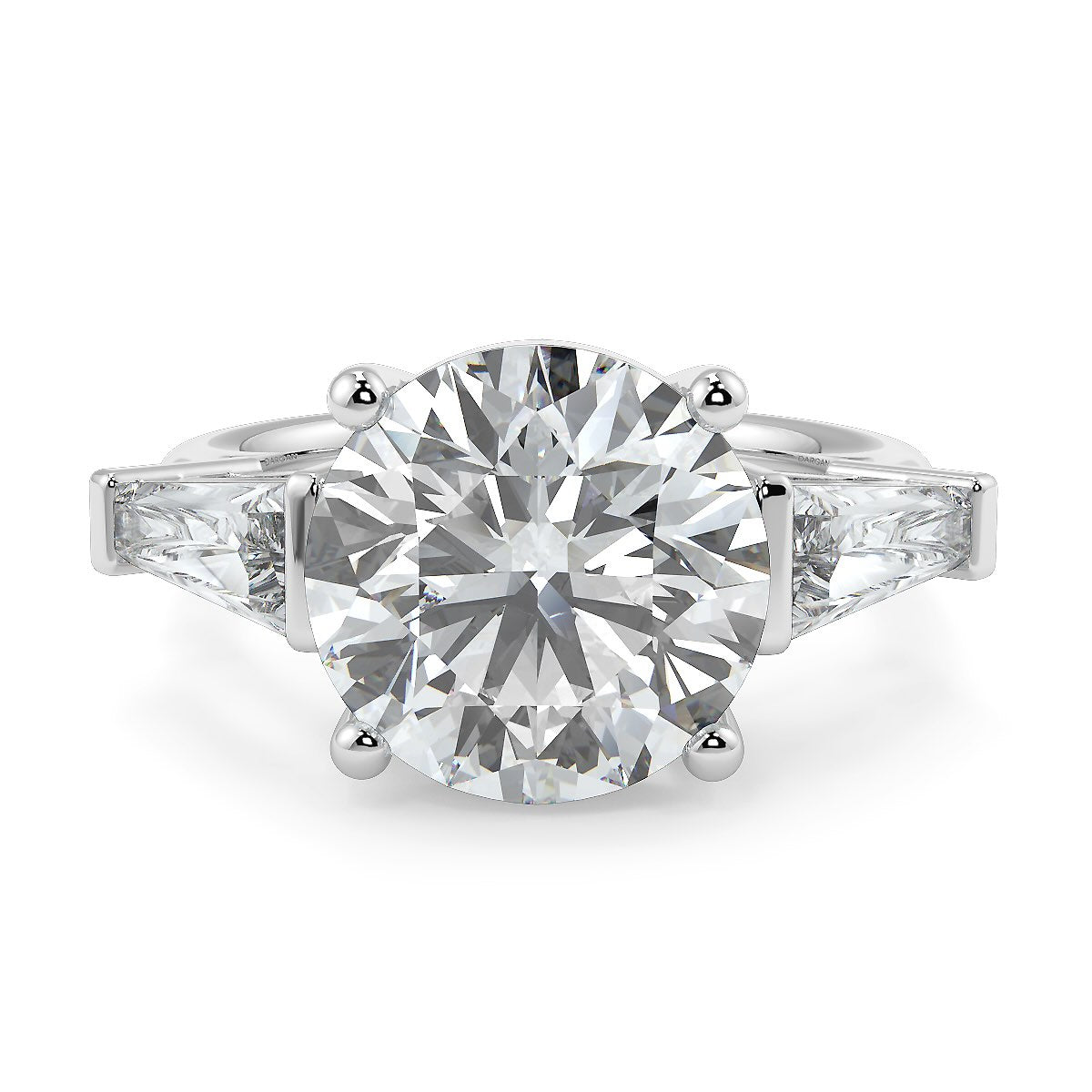 Round Brilliant Cut Diamond Trilogy Engagement Solitaire Ring | 1 to 5 Carat Centre | Tapered Baguette Side Diamonds | 18K White, Yellow, or Rose Gold