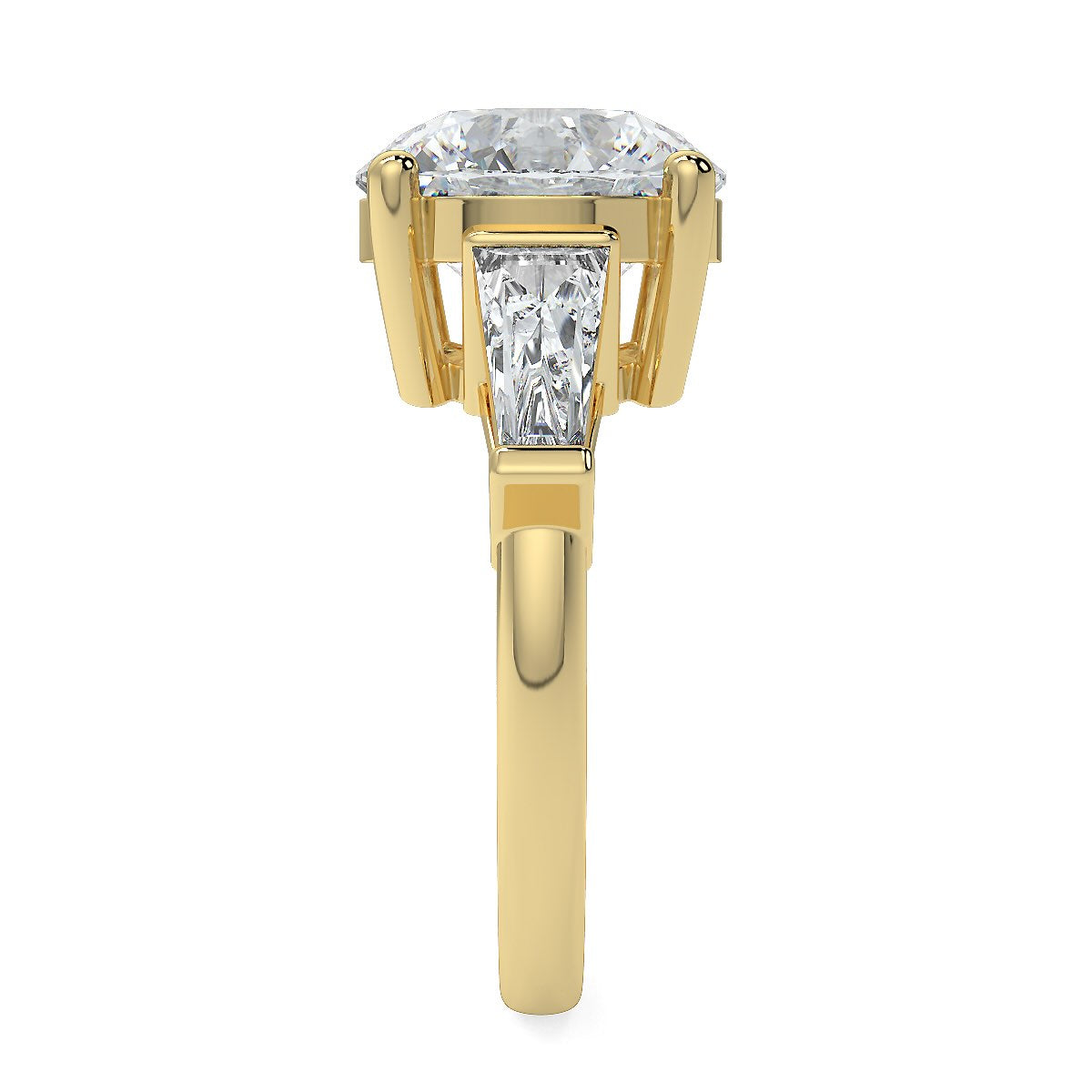 Round Brilliant Cut Diamond Trilogy Engagement Solitaire Ring | 1 to 5 Carat Centre | Tapered Baguette Side Diamonds | 18K White, Yellow, or Rose Gold