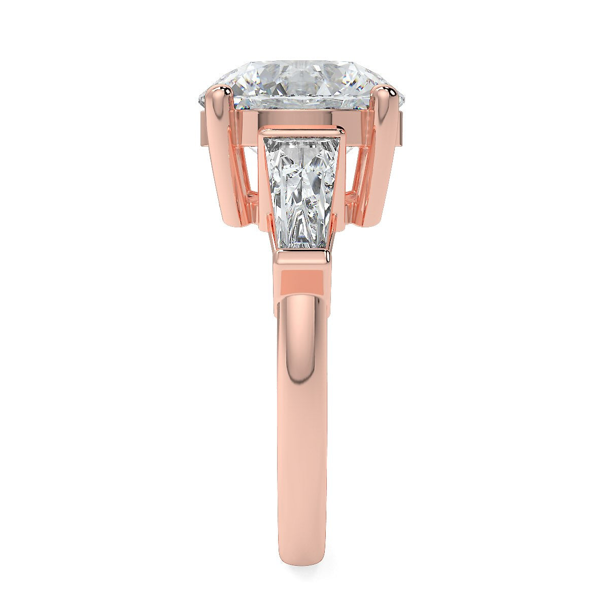 Round Brilliant Cut Diamond Trilogy Engagement Solitaire Ring | 1 to 5 Carat Centre | Tapered Baguette Side Diamonds | 18K White, Yellow, or Rose Gold