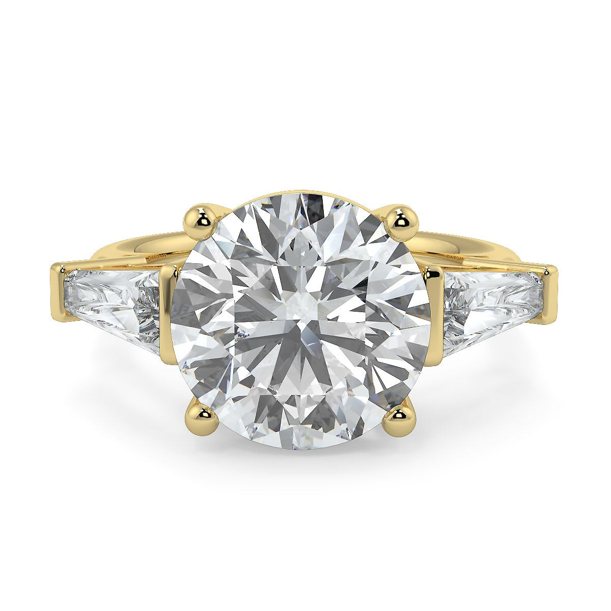 Round Brilliant Cut Diamond Trilogy Engagement Solitaire Ring | 1 to 5 Carat Centre | Tapered Baguette Side Diamonds | 18K White, Yellow, or Rose Gold