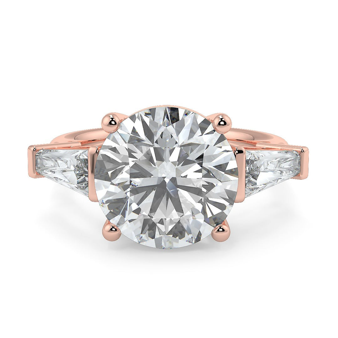 Round Brilliant Cut Diamond Engagement Ring | 1 to 5 Carat Centre | Tapered Baguette Side Diamonds | 18K White, Yellow, or Rose Gold