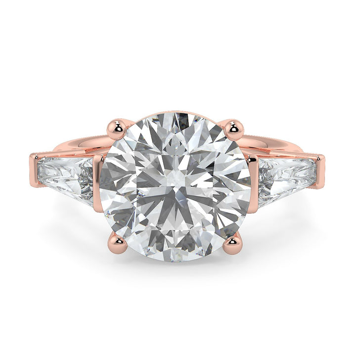 Round Brilliant Cut Diamond Engagement Ring | 1 to 5 Carat Centre | Tapered Baguette Side Diamonds | 18K White, Yellow, or Rose Gold