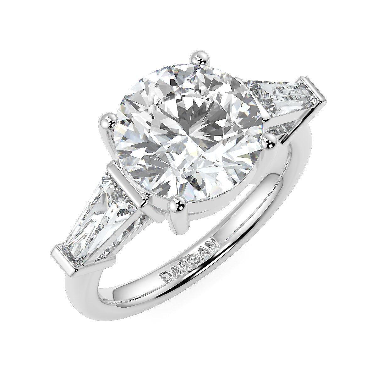 Round Brilliant Cut Diamond Trilogy Engagement Solitaire Ring | 1 to 5 Carat Centre | Tapered Baguette Side Diamonds | 18K White, Yellow, or Rose Gold