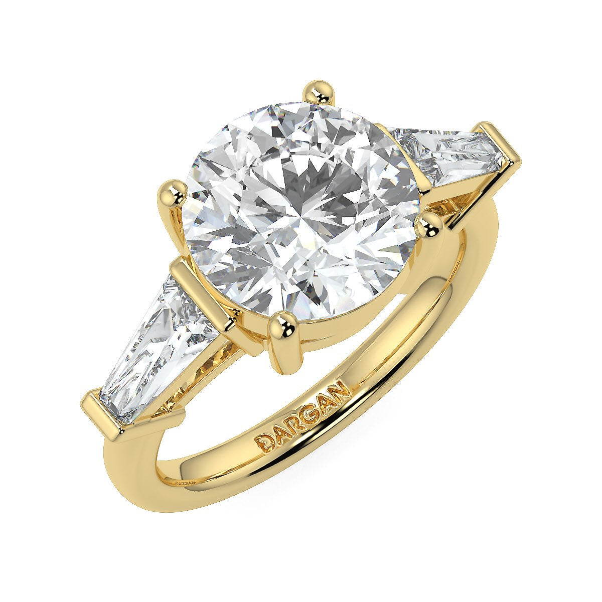 Round Brilliant Cut Diamond Trilogy Engagement Solitaire Ring | 1 to 5 Carat Centre | Tapered Baguette Side Diamonds | 18K White, Yellow, or Rose Gold