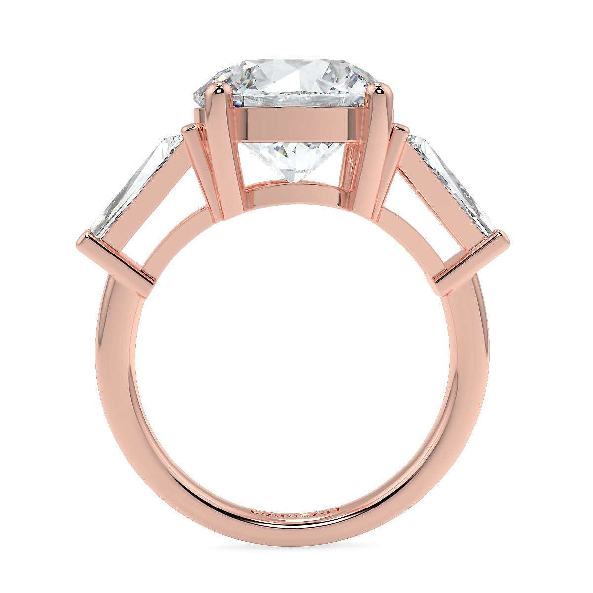 Round Brilliant Cut Diamond Trilogy Engagement Solitaire Ring | 1 to 5 Carat Centre | Tapered Baguette Side Diamonds | 18K White, Yellow, or Rose Gold
