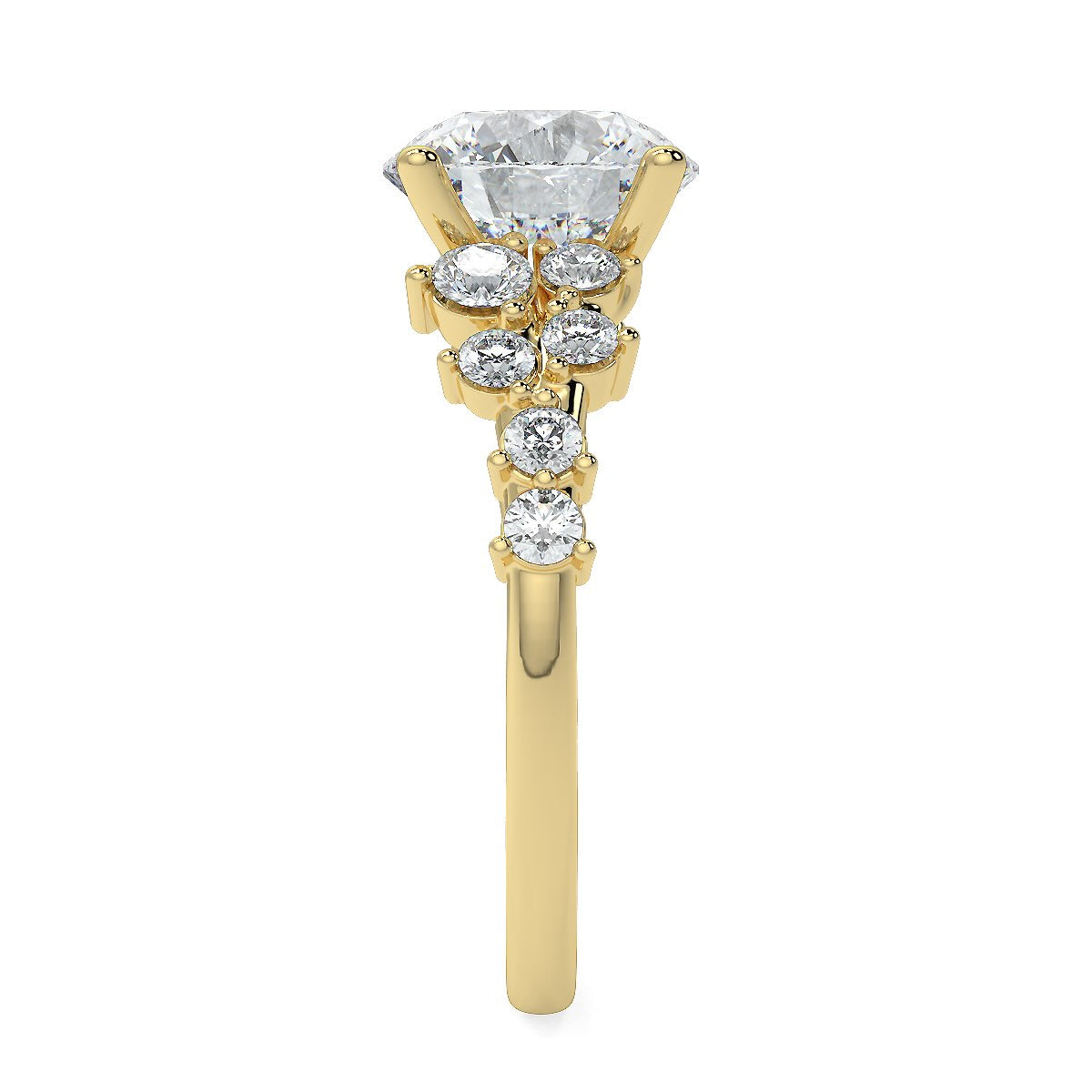 3.00 to 5.00 Carat Round Brilliant Lab-Grown Diamond Ring with Tapered Cluster Side Stones in 18K Gold