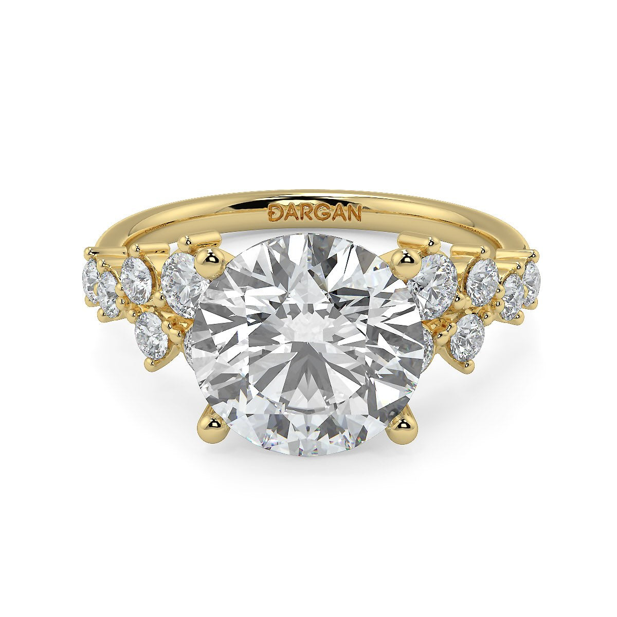 3.00 to 5.00 Carat Round Brilliant Lab-Grown Diamond Ring with Tapered Cluster Side Stones in 18K Gold