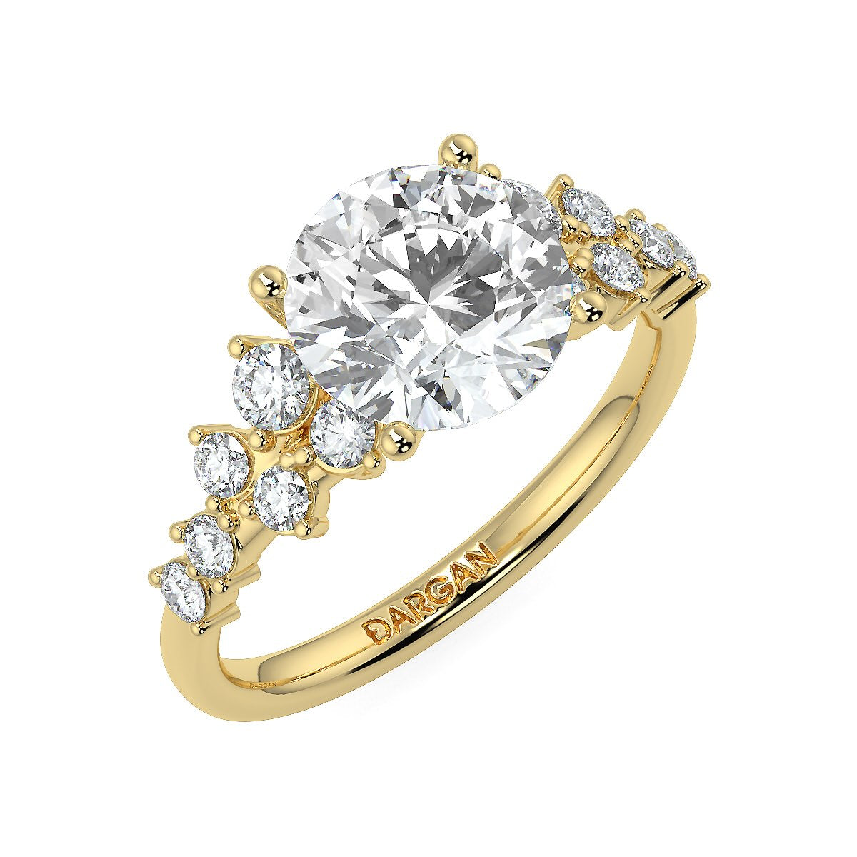 3.00 to 5.00 Carat Round Brilliant Lab-Grown Diamond Ring with Tapered Cluster Side Stones in 18K Gold