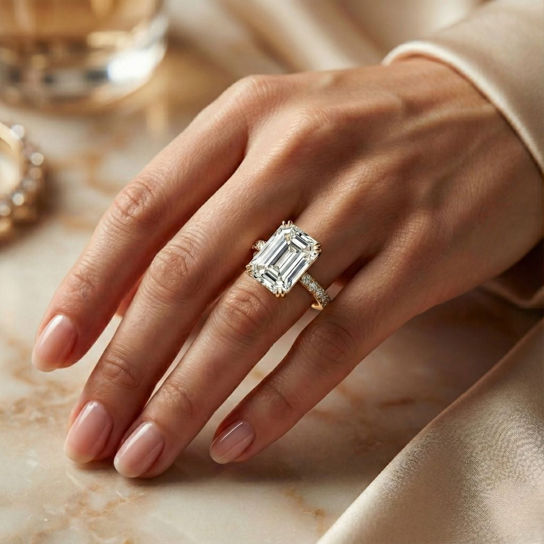 7 Carat Emerald Cut Lab Grown Diamond Solitaire Ring | Hidden Halo & Pavé Band | IGI Certified | 18K White, Yellow & Rose Gold