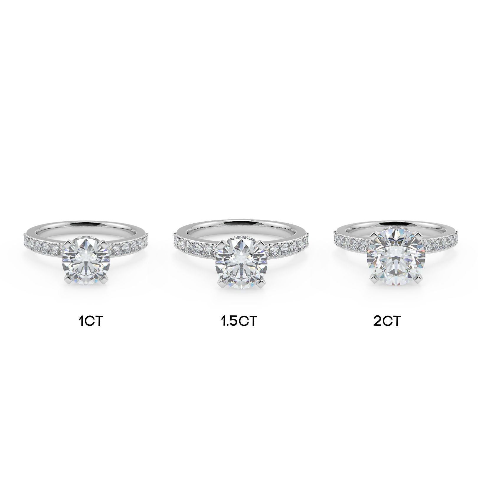1–2 Carat Round Lab Grown Diamond Solitaire Ring | Pavé Band | IGI Certified | 18K White Gold