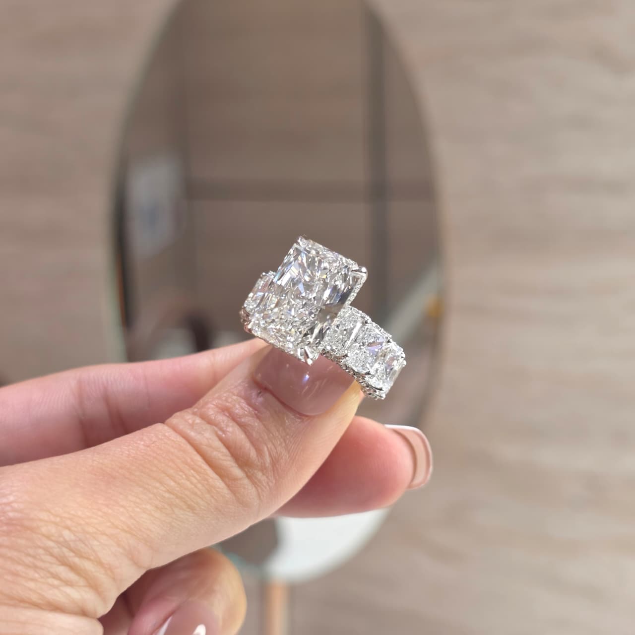 Luminary - 8 Carat Radiant Lab-Grown Diamond Solitaire Ring with Hidden Halo & Radiant Side Diamonds – 18K Gold