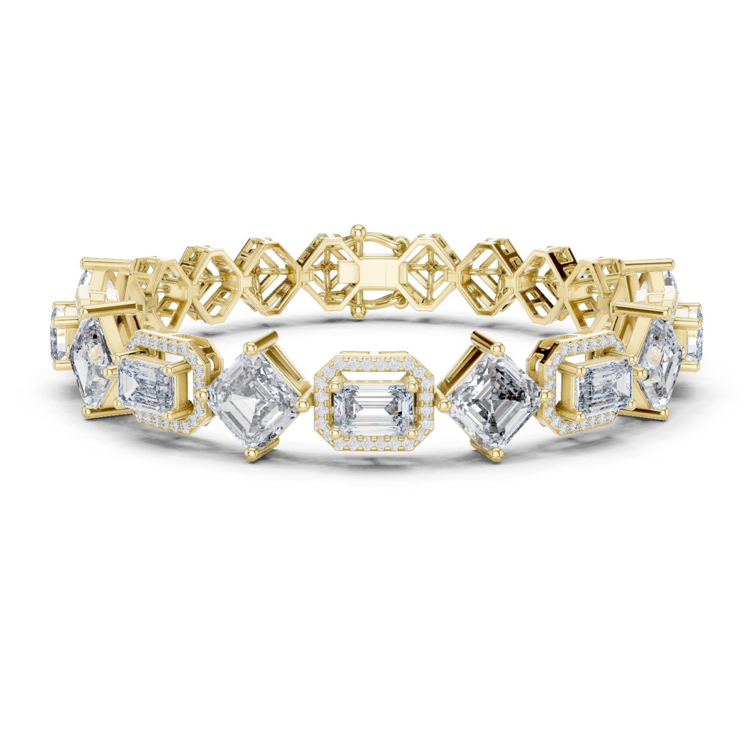 Square Emerald & Emerald With Halo Lab-Grown Diamond Tennis Bracelet in 18K Gold | 11 Carat