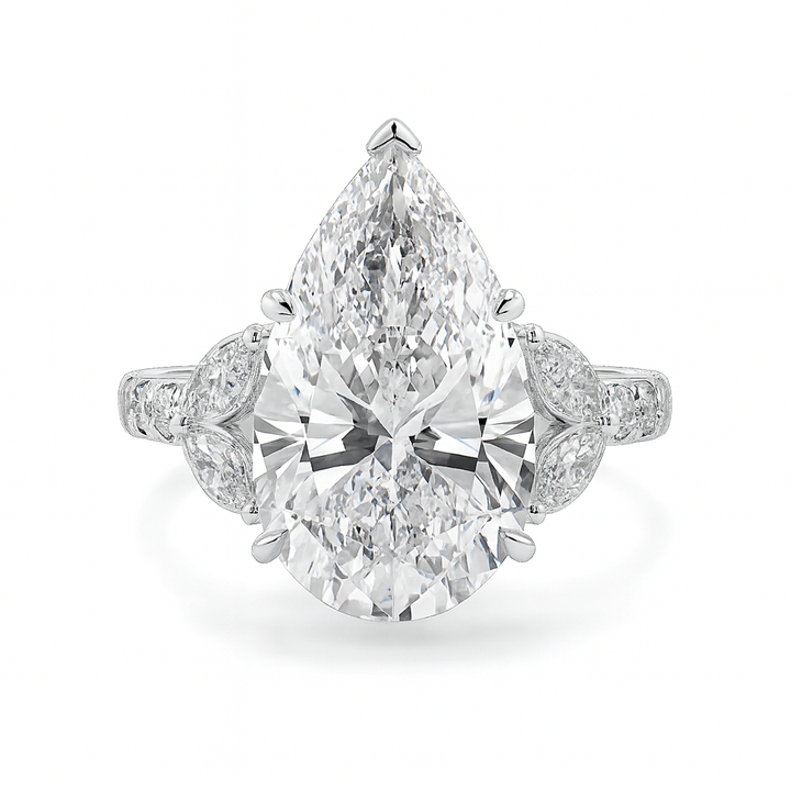 3–5 Carat Pear Lab Grown Diamond Ring with Marquise & Round Side Stones