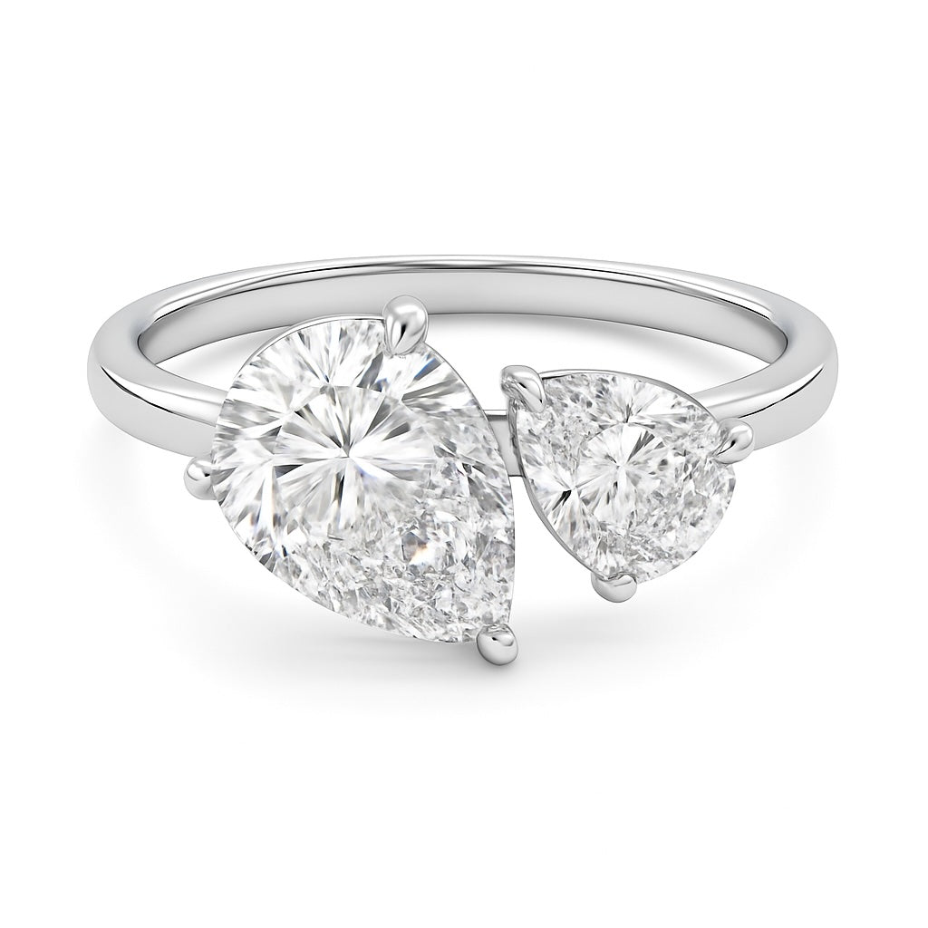 2.00ct Pear Solitaire with 0.50ct Pear Toi et Moi ring – Lab Grown Diamond Ring in 18K Yellow, White & Rose Gold