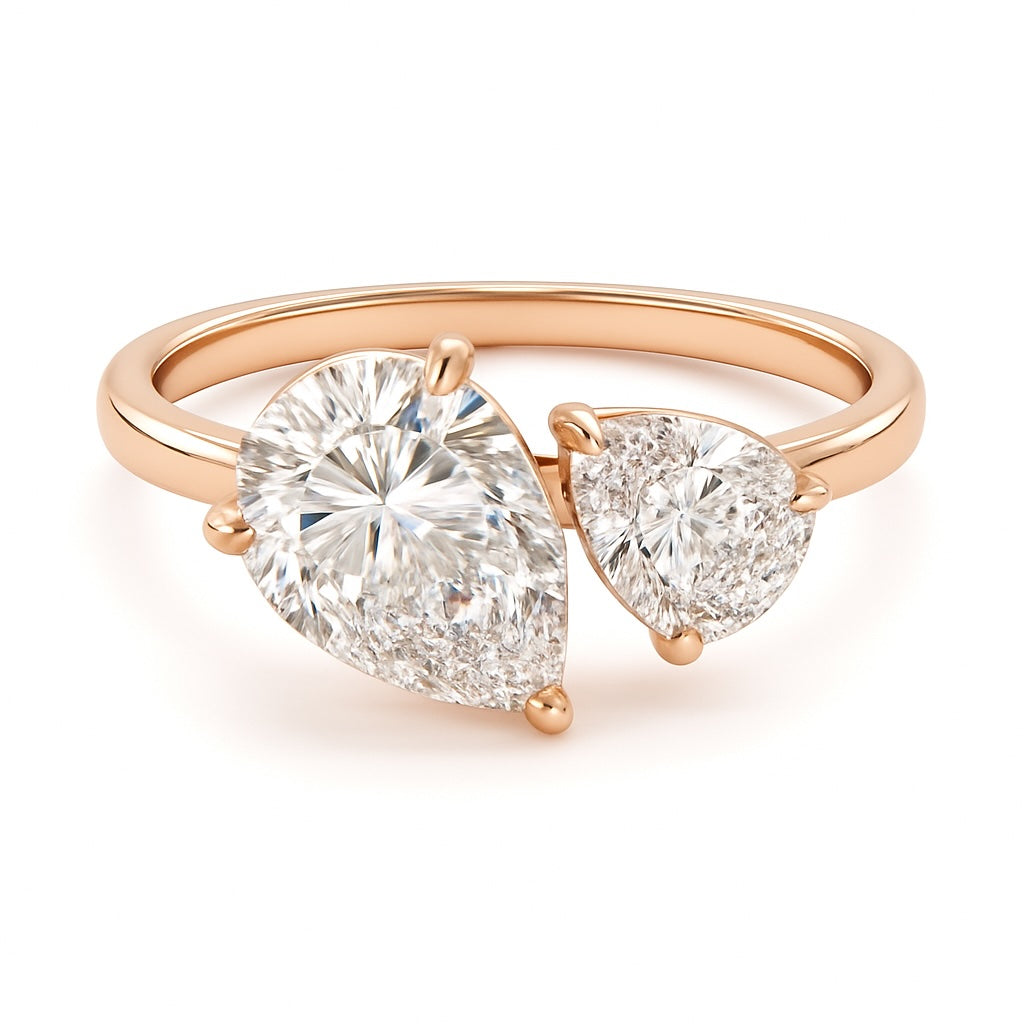 2.00ct Pear Solitaire with 0.50ct Pear Toi et Moi ring – Lab Grown Diamond Ring in 18K Yellow, White & Rose Gold