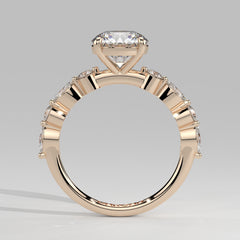 Orbis Round lab-grown diamond solitaire ring with marquise and round side stones in 18K rose gold, front-on view of the band and setting