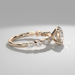 Orbis Round lab-grown diamond solitaire ring with marquise and round side stones in 18K rose gold, side profile of marquise and round band