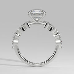Orbis Round lab-grown diamond solitaire ring with marquise and round side stones in 18K white gold, front-on view of the band and setting
