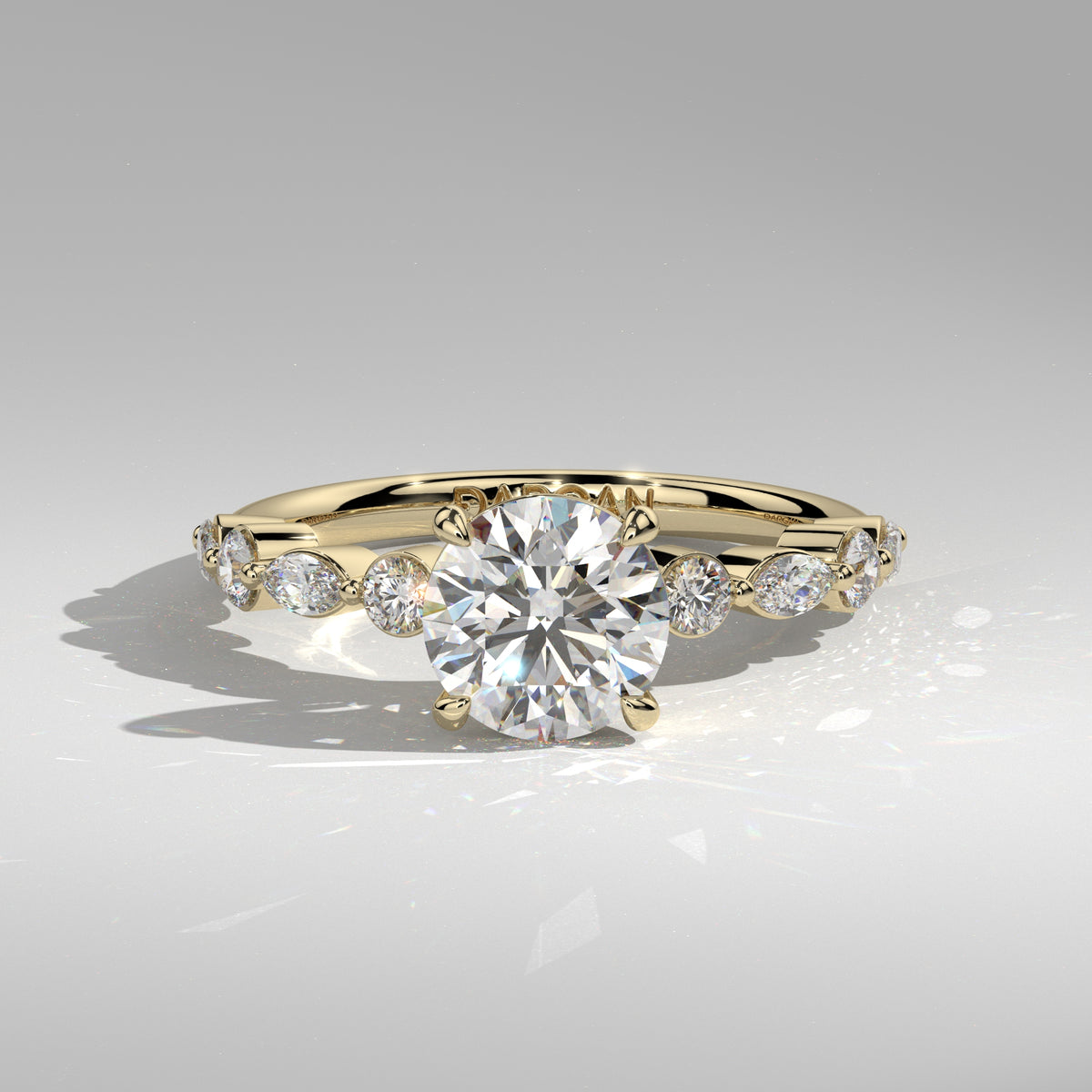 Orbis Round lab-grown diamond solitaire ring with marquise and round side stones in 18K yellow gold, front view