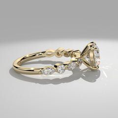 Orbis Round lab-grown diamond solitaire ring with marquise and round side stones in 18K yellow gold, side profile of marquise and round band