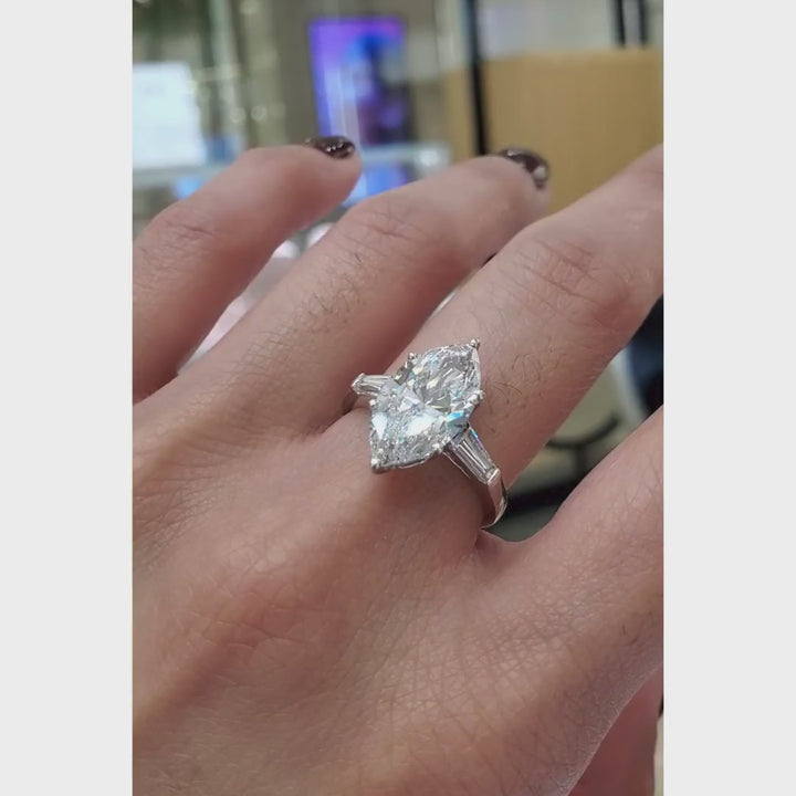 Marquise Cut Diamond Engagement Ring | 1 to 5 Carat Centre | Tapered Baguette Side Diamonds | 18K White, Yellow, or Rose Gold