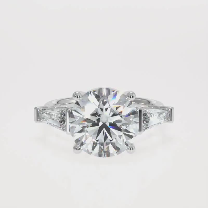 Round Brilliant Cut Diamond Engagement Ring | 1 to 5 Carat Centre | Tapered Baguette Side Diamonds | 18K White, Yellow, or Rose Gold