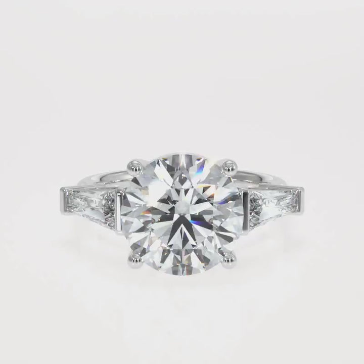 Round Brilliant Cut Diamond Engagement Ring | 1 to 5 Carat Centre | Tapered Baguette Side Diamonds | 18K White, Yellow, or Rose Gold