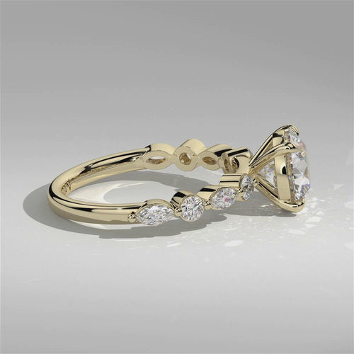Video of Orbis Round lab-grown diamond solitaire ring with marquise and round side stones in 18K yellow gold, 360-degree view