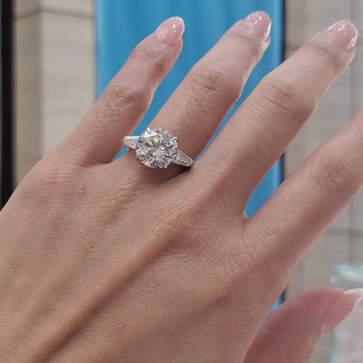Round Brilliant Cut Diamond Engagement Ring | 1 to 5 Carat Centre | Tapered Baguette Side Diamonds | 18K White, Yellow, or Rose Gold
