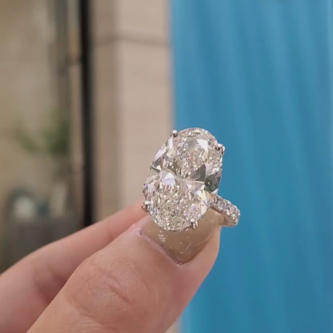 10 Carat Oval Cut Diamond Ring with Pave Band | Lab-Grown| 18K Gold