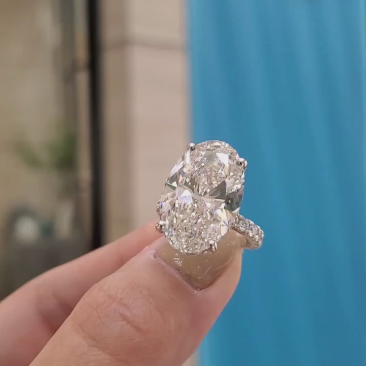 10 Carat Oval Cut Diamond Ring with Pave Band | Lab-Grown| 18K Gold