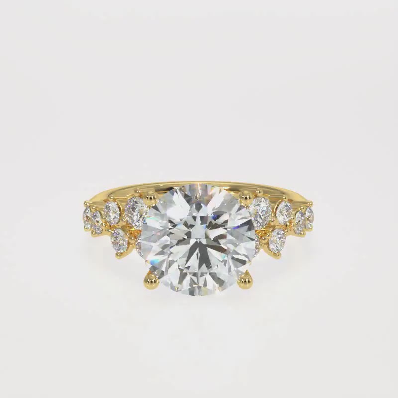 3.00 to 5.00 Carat Round Brilliant Lab-Grown Diamond Ring with Tapered Cluster Side Stones in 18K Gold