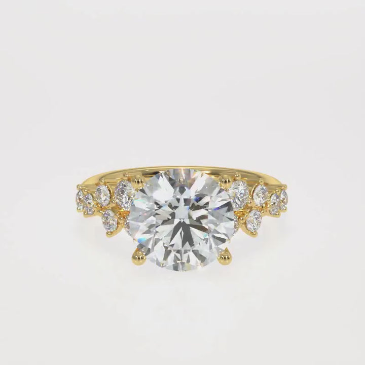 3.00 to 5.00 Carat Round Brilliant Lab-Grown Diamond Ring with Tapered Cluster Side Stones in 18K Gold