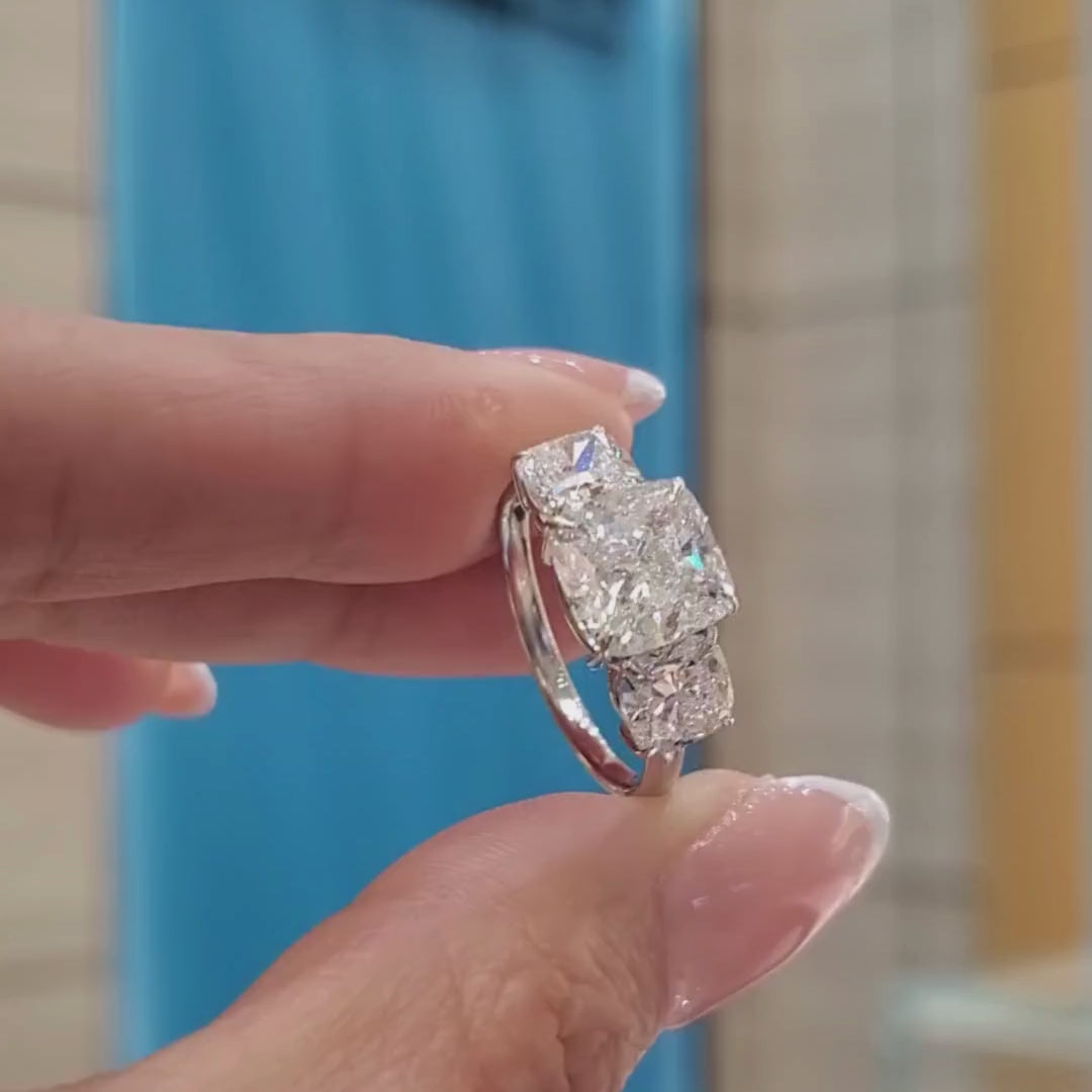 3.00ct Cushion Cut Solitaire Lab Grown Diamond Ring with 2.00ct Cushion Side Stones – Three Stone Engagement Ring
